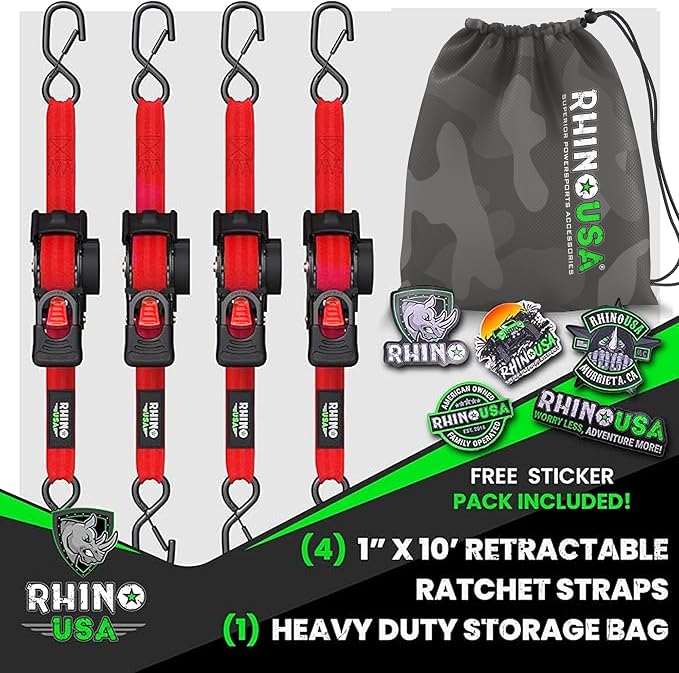 Rhino USA Retractable Ratchet Straps (4-Pack) - 1 Inch x 10 Feet (1,209lb Break Strength) - Auto Self Retracting Tie Down Straps for Truck, Cargo Trailer, Motorcycle, ATV, UTV - Red