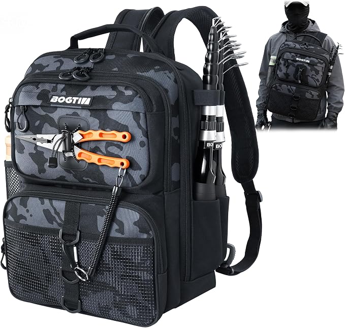 Fishing Backpack with Fish Rod & Lures Kit Lightweight 25L Tackle Bag with Fishing Gear and Tackle Boxes, Fish Gifts for Men Woman-Black Camo Backpack