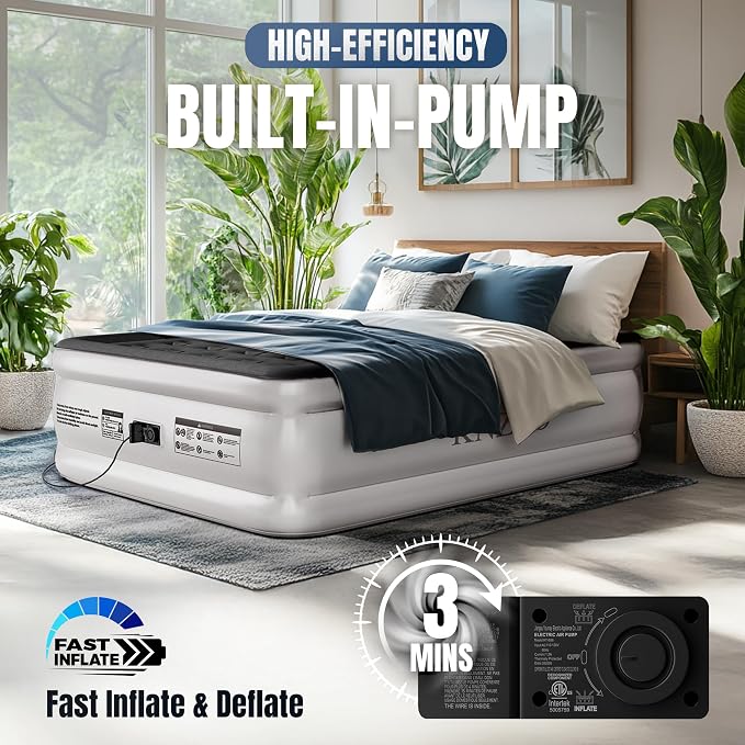 KNZZO Queen Air Mattress with Built-in Pump, 18" Top Inflatable Mattress with Waterproof Flocking Fabric, Three-Minute Quick-Inflatable Bed. Portable Blow Up Mattress for Home, Outdoor and Guests