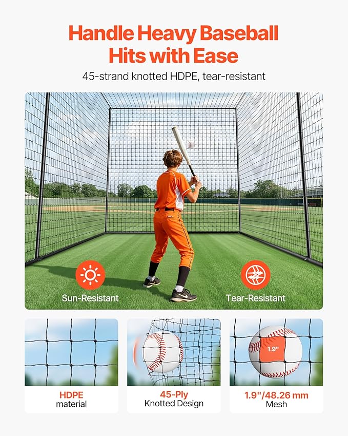 VEVOR Baseball Batting Cage,Professional Softball Baseball Batting Hitting Training Net,Heavy Duty Enclosed PE Practice Portable Pitching Cage Net&Carry Bag,for Backyard,Field,Indoor&Outdoor