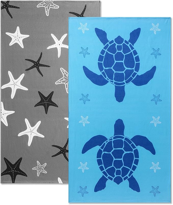 Belista Oversized Beach Towels 4 Pack,40”x70” Microfiber Thin Large Beach Towel Set for Adults Travel Camping Swimming,Turtle Starfish Them Sand Free Quick Dry Lightweight XL Pool Towels -Gray & Blue