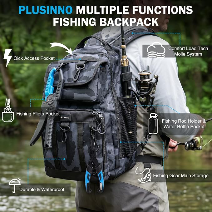 PLUSINNO Fishing Backpack with Fishing Gear, Tackle Box, Fish Accessories & Tools, Waterproof Sling Tackle Bag with Rod Holders, Lures for Freshwater/Saltwater, Fish Gifts for Men