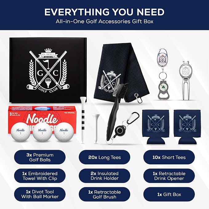 Golf Gift Kit | Includes - Towel, Club Brush, Ball Marker, Divot Repair Tool, Premium Golf Balls, Long & Short Tees, Koozies, Golf Gifts for Men & Women, Golf Kit, Ideas