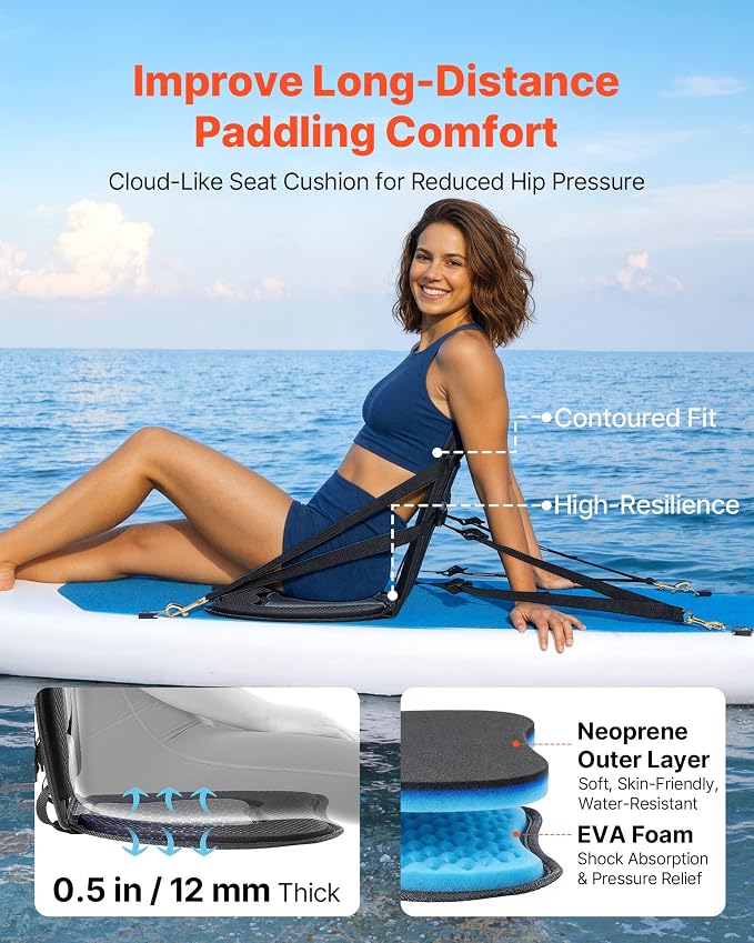 VEVOR Kayak Seat, Universal Paddle Board Seat with Adjustable Back Support, Multiple Thickness Options (0.5” to 2.6”), Soft Padded Cushion & Storage Bag for SUP, Canoe, Fishing Boat, Inflatable Kayak