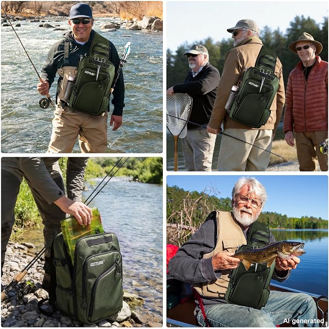 Goture Green Tactical Sling Fishing Bag with Trays, Heavy Duty 1680D Fishing Backpack for Hiking Camping, Adjustable Shoulder Strap with Rod Holder & Tool Pockets, Tackle Box Organizer Bag