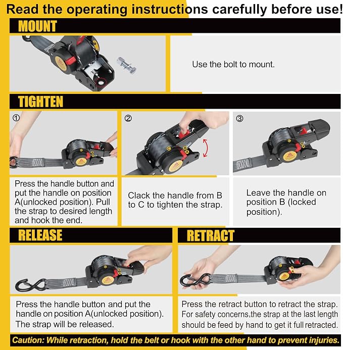 Ayaport Boat Retractable Tie Downs Boat Trailer Straps Ratcheting 1.5 inch x 6ft Bolt-on Transom Tie Down Strap to Trailer - 2200lbs Break Strength, Heavy Duty Ratchet Straps