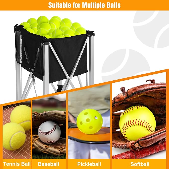 Portable Tennis Ball Hopper Holds 180 Balls, Tennis Ball Basket Cart with 4 Wheels & Brakes, Detachable Oxford Fabric Bag for Tennis and Pickleball Training, Black
