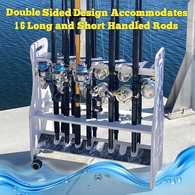 Rush Creek Creations Reel Salty Waterproof Marine Grade 16 Rolling Fishing Rod Holder Dock/Garage Storage Rack, Father's Day Gift, Gift for Dad and Grandpa, Gray/White, 29.8" L x 11.6" W x 30.9" H