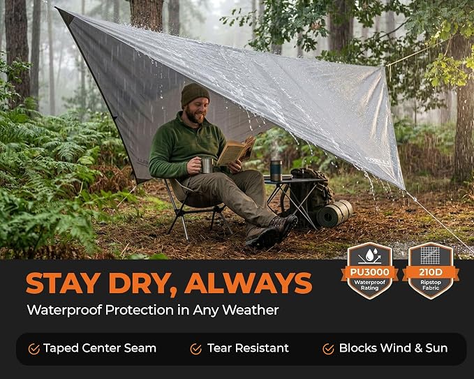 Foxelli Hammock Rain Fly - Waterproof Lightweight Tent & Hammock Rain Tarp for Camping, Backpacking w/Easy Setup Including Extra Long Guy Lines & Stakes