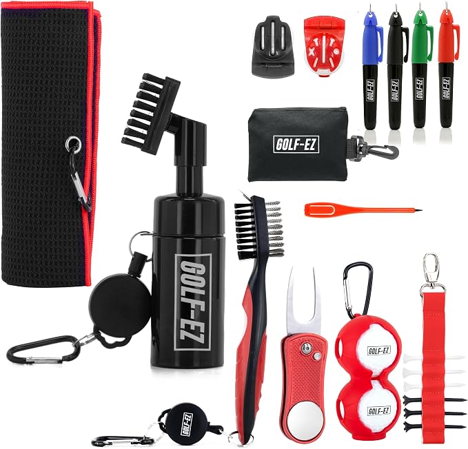 Golf Essentials Kit | Must-Have Accessories – Water Brush, Towel, Club Brush, Ball Marker, Divot Repair Tool, Ball & Tee Holder, Golf Gifts for Men & Women