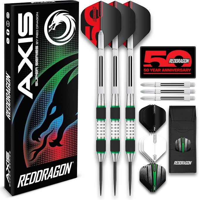 RED DRAGON Axis Professional Darts Set - 85% Tungsten Darts with Flights, Shafts & Wallet, Soft Tip 18g and Steel Tip 24g - 28g