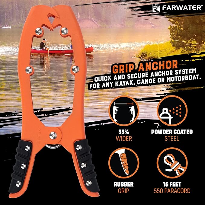 Canoe Anchor Grip - Boat, Float Tube & Kayak Fishing Accessories, Kayaking Equipment - Brush Clamp Anchor with Teeth - Gripper with 15ft Paracord - Rubber Grips - Coated Steel -