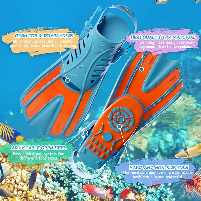 Snorkeling Gear for Kids, 4 in 1 Child Mask Fins Snorkel Set with Panoramic View Anti Fog Mask, Dry Top Snorkel, Trek Fins and Travel Bag, Kids Snorkeling Set with Fins for Snorkeling Swimming