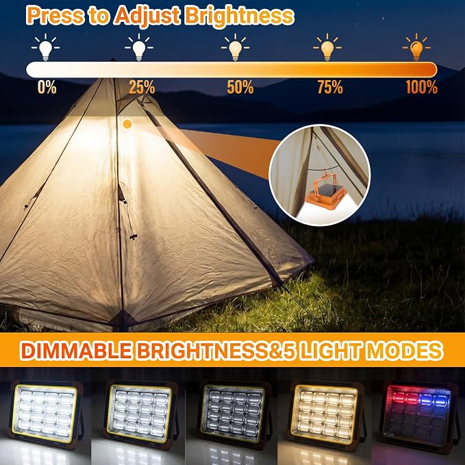 120W Solar Rechargeable Work Light, 192 LED 10000LM Portable Flood Light with Stand，LED Work Light with 5 Modes，IP66 Waterproof Outdoor Light for Mechanic Camping Fishing Repair (1)