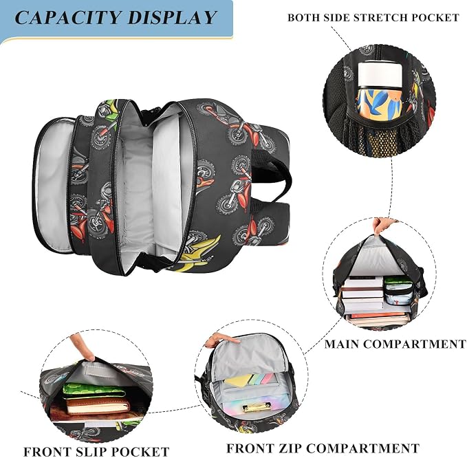 Fisyme Motocross Dirt Bike Black School Backpack Laptop Backpacks Bags Bookbag Travel Casual Computer Notebooks Daypacks