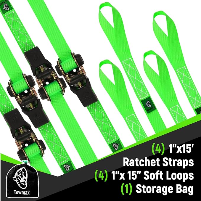 Ratchet Straps Medium Duty 4 Pack -1 Inch x 15 Feet (2,100LB Break Strength)- Motorcycle Tie Down Straps -Soft Loops Tie Downs- Ratchet Tie Down Set for Powersports, Motorcycle or Moving Cargo
