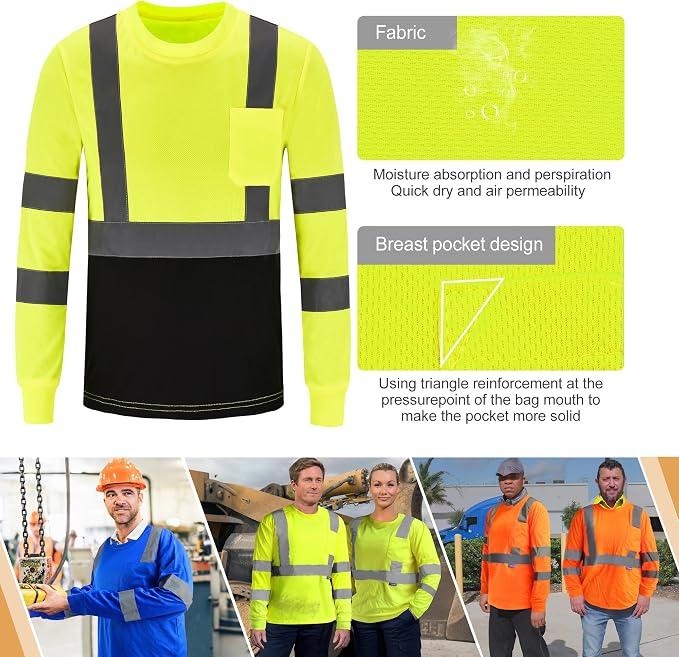 A-SAFETY Safety Shirt,High Visibility Work T Shirt Long Short Sleeve Class 3 (XS-6XL)