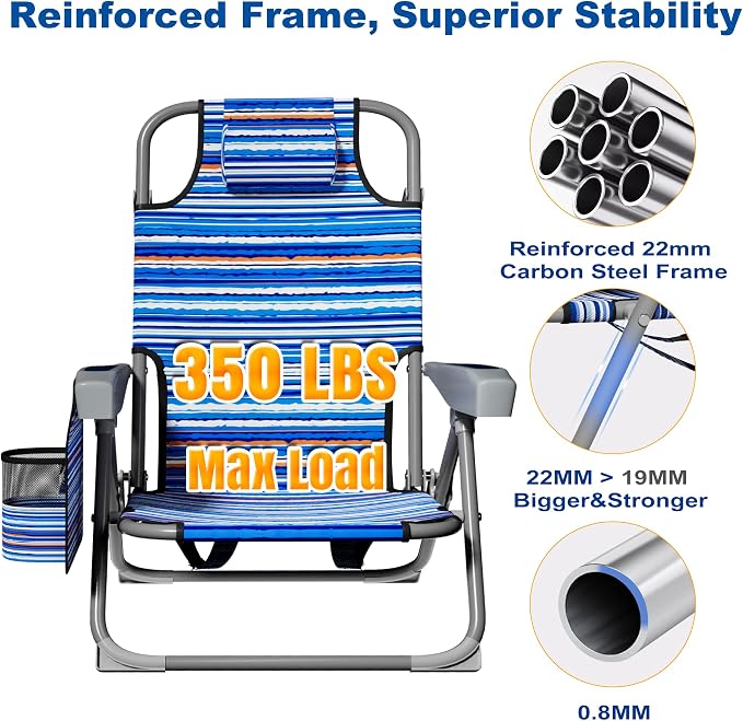 DIAMONDFORGE Lightweight Portable Beach Chair for Adults, 350 LBS Capacity Backpack Beach Chair, Reclining Beach Chair with 5-Position Lay Flat, Large Cup Holder for Beach Camping Sports, 1 Pack