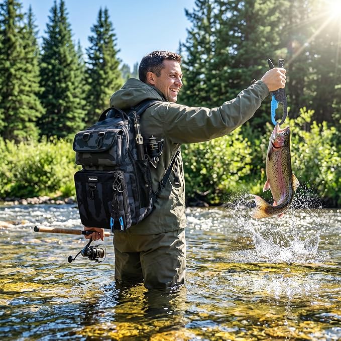 PLUSINNO Fishing Backpack with Fishing Gear, Tackle Box, Fish Accessories & Tools, Waterproof Sling Tackle Bag with Rod Holders, Lures for Freshwater/Saltwater, Fish Gifts for Men