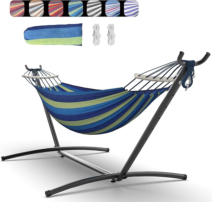 Everyfun Double Hammock with Space-Saving Steel Stand, 2 Person Heavy-Duty Hammock for Garden, Yard or Outdoor, 600lbs Capacity, Wide Blue