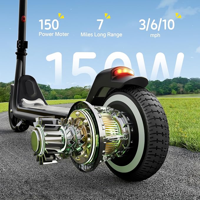 ECOROAD EK6 Kids Electric Scooter for 6-12, 3/6/10mph Speeds for Ultimate Comfort & Adjustable Height, 150W & Dual Brake Safety Electric Scooter, for Outdoor Play, Park Rides (Rider:3.9-5.2 FT)