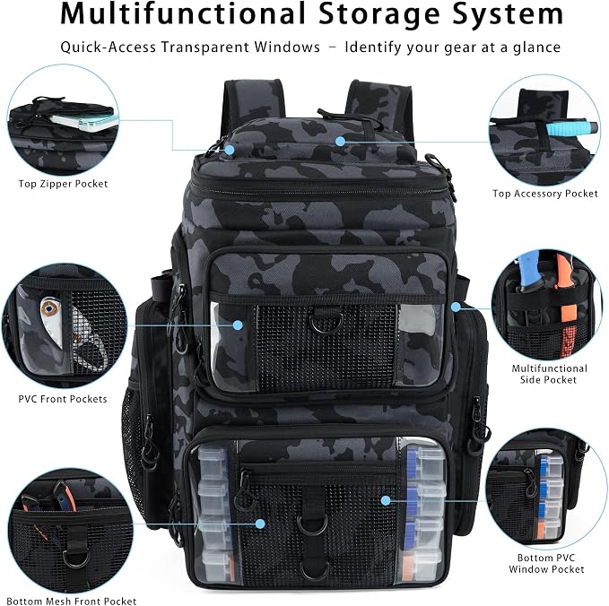 Fishing Backpack with 4 Tackle Boxes, 55L Large Tackle Box Backpack with 4 Rod Holders, Waterproof 900D Tackle Backpacks with Cooler & Clear Gear Windows, Fishing Gifts for Men Women,Camouflage Black