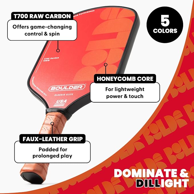 Boulder Carbon Fiber Pickleball Paddle | T700 Carbon Fiber | USAPA Approved, with Honeycomb Polymer Core | Pickleball Racket for Beginner & Experienced Players