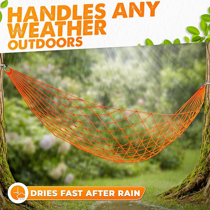Mesh Hammock - Loop & Lounge Between Two Trees, Rope Hammocks for Outside Camping - No Stand Needed, 220 lb Capacity, Lightweight 13 oz Nylon Net Bed for Backyard Garden Patio Beach Travel, Orange