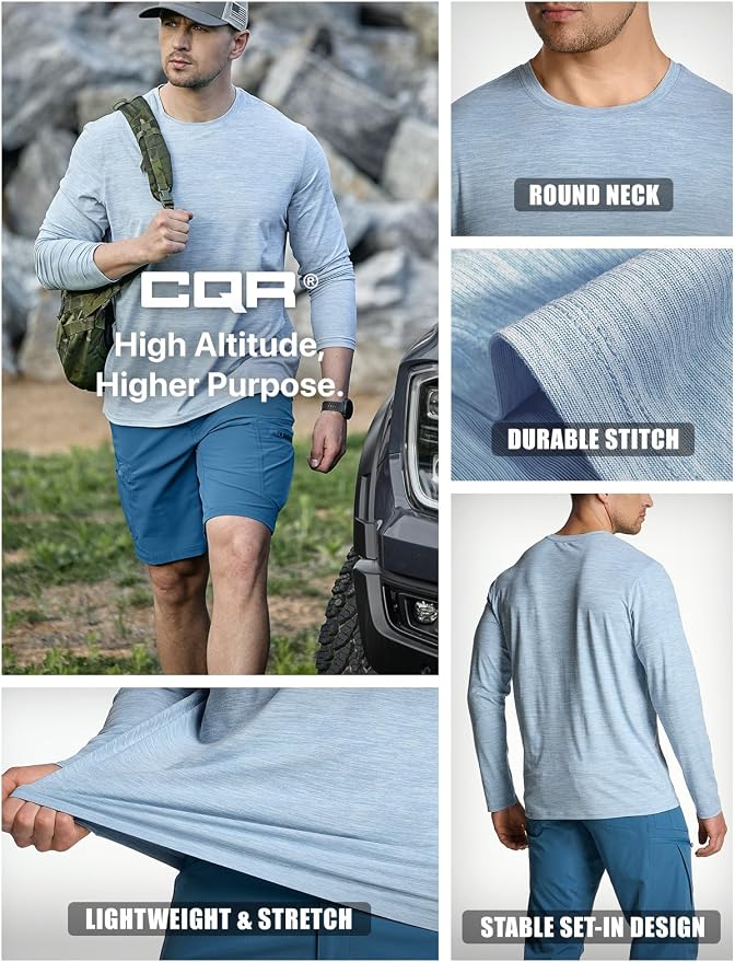 CQR Men's UPF 50+ Sun Protection Long Sleeve Quick Dry Athletic Shirts, Stretch Running Workout Hiking T-Shirts