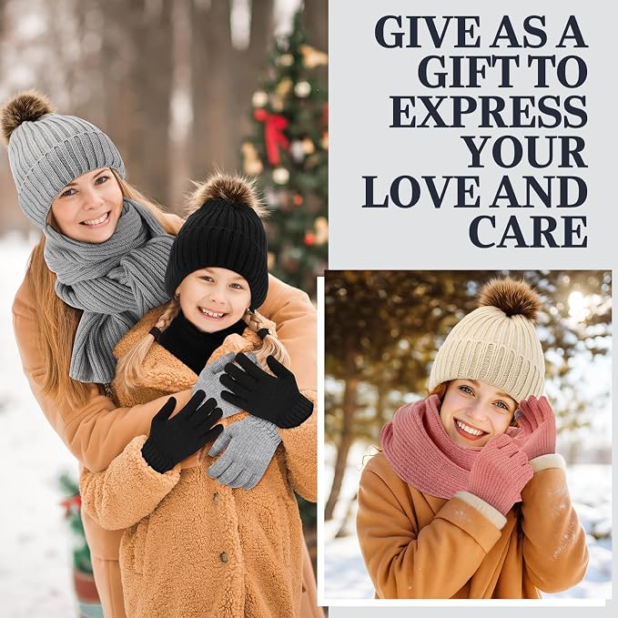 16 Pcs Women Hat Scarf Gloves Ear Muffs Set Winter Knitted Pom Beanie Hats Scarf Touch Screen Gloves for Men Adult Homeless