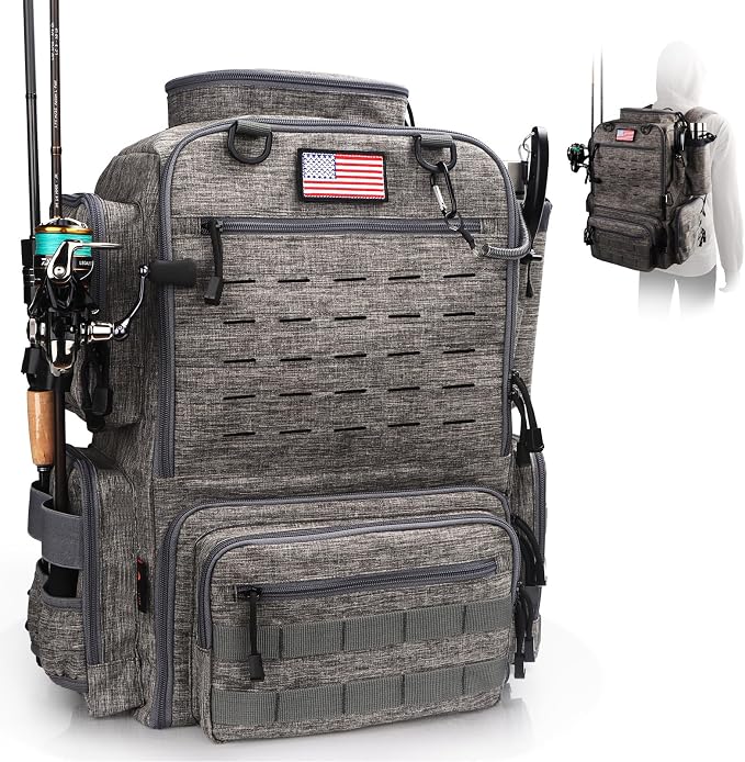Fishing Backpack, Fishing Tackle Backpack with Rod Holders for 4 Boxes (Box Not Included) 45L Waterproof Fishing Gear, Ideal for Men and Women Tackle Box Bag (Storm Gray)