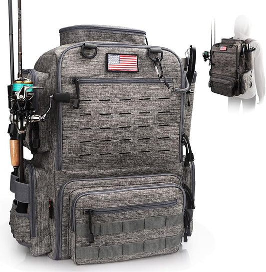 Fishing Backpack, Fishing Tackle Backpack with Rod Holders for 4 Boxes (Box Not Included) 45L Waterproof Fishing Gear, Ideal for Men and Women Tackle Box Bag (Storm Gray)