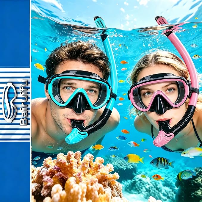Snorkeling Gear for Adults 2-Pack | Anti-Fog & Anti-Leak Snorkeling Mask | Breath-Free Dry Snorkel | 180° Panoramic View with Quick-Dry Bags