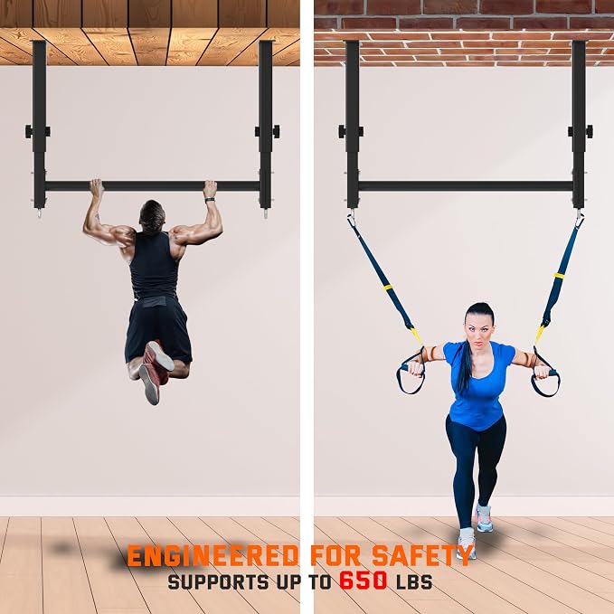 48" Ceiling Mount Pull Up Bar, Heavy Duty Multi-Grip Rafter Chin Up Bar for Garage/Basement/Backyard Ceiling Beam, Adjustable Height&Supports to 650 Lbs