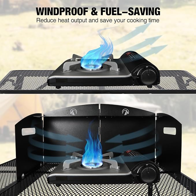 REDCAMP Portable 4 Panel Steel Camping Stove Windscreen, Foldable Windproof Outdoor Gas Stove Windshield with Storage Bag for Camping, Hiking, Backpacking, Picnic, Cooking Black