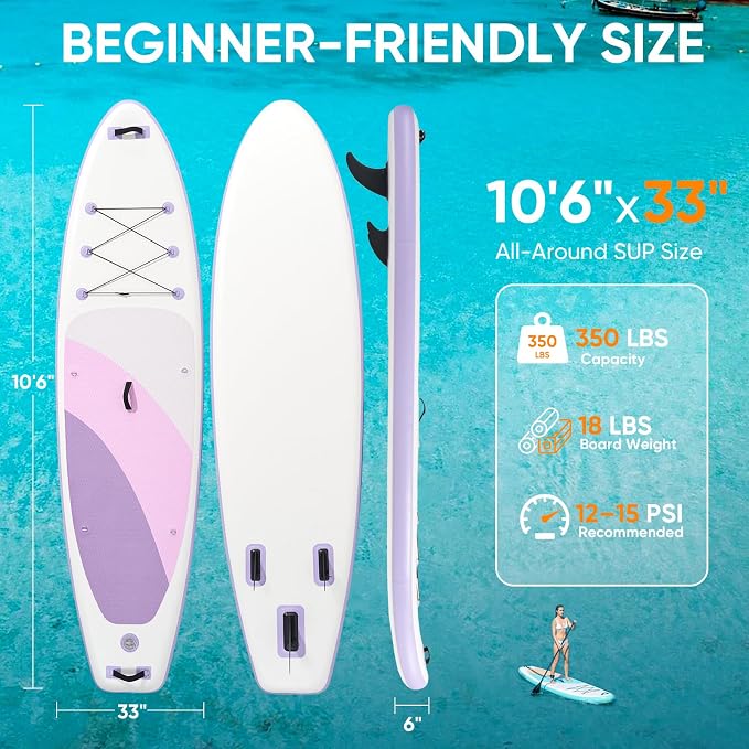 Inflatable Stand Up Paddle Board 10'6" x 33" x 6", 350 LBS Capacity Beginner-Friendly SUP Board with Paddle, Pump, Backpack, Leash, Waterproof Phone Bag and 3 Fins for Lake, Ocean or River Fun