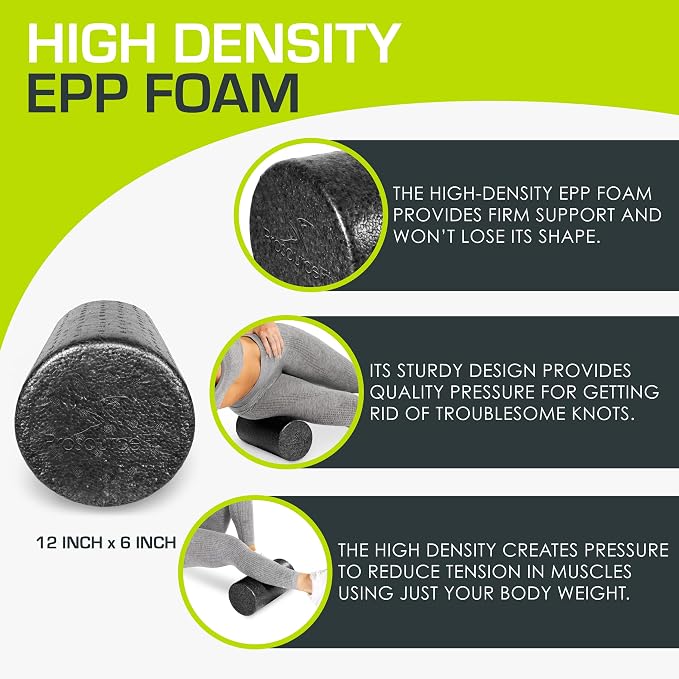 ProsourceFit High Density Foam Rollers 12 - inches Long,Firm Full Body Athletic Massage Tool for Back Stretching,Yoga,Pilates,Post Workout Muscle Recuperation,Black,(Pack of 12)