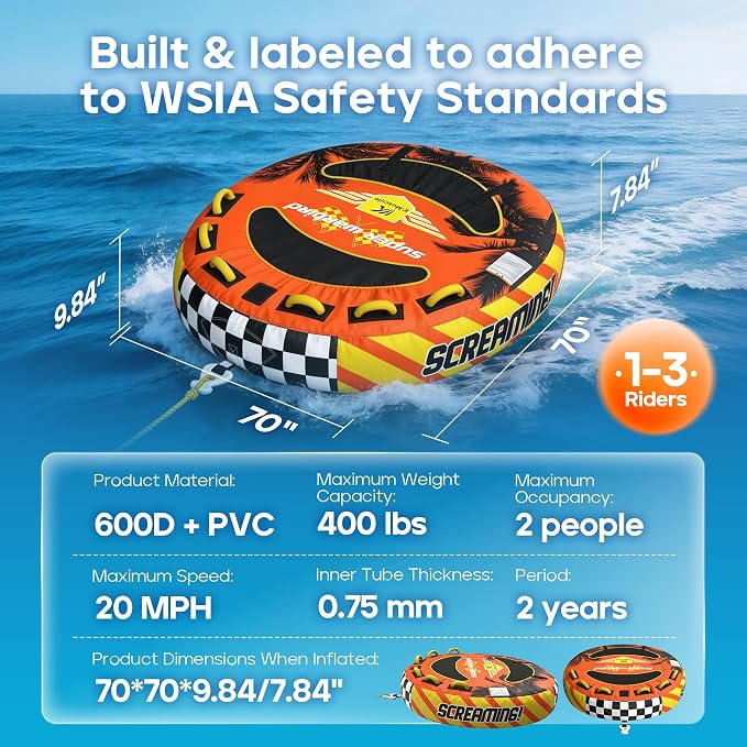 K-Musculo Towable Tubes for Boating - 2-3 Person Boat Tubes & Towables, EVA Foam Pads, Drainage, Super Safe Handle, Quick Connector