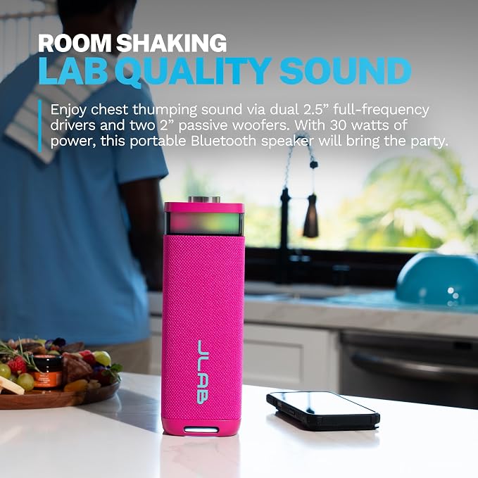 JLab, JBuds Party, Portable Bluetooth Speaker, Waterproof, RGB Lighting, Multi-Speaker Connection, Pink