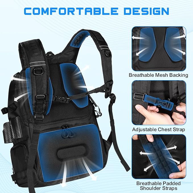 50L Fishing Tackle Backpack with Removable Lure Wraps,Include (4) 3600 Tackle Boxes, 2 Rod Holders Storage Fishing Gear and Equipment
