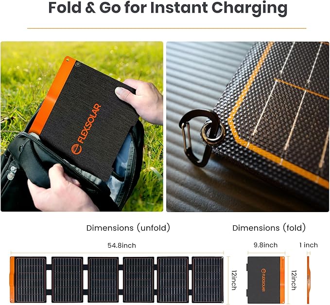 60W Foldable Solar Panel, Portable Solar Charger with USB-C PD3.0 / USB-A QC3.0 / DC 20-28V Port and 10W Portable Solar Panel ETFE Foldable Solar Panel Charger with USB-A Port