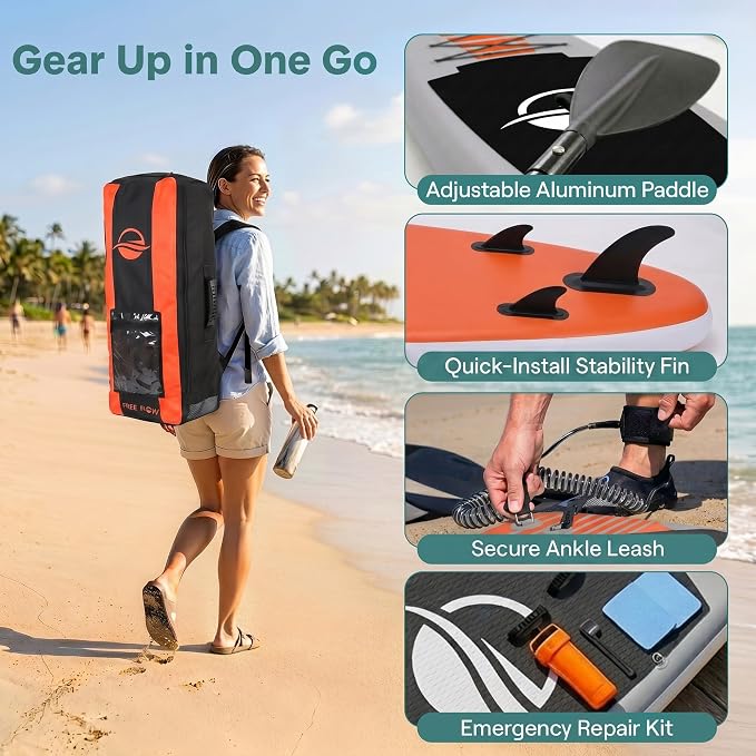 SereneLife 10’6" Inflatable Stand Up Paddle Board with Premium SUP Accessories - Wide Stable Design with Non-Slip EVA Deck Pad, for Youth and Adults, 350 lbs. Capacity