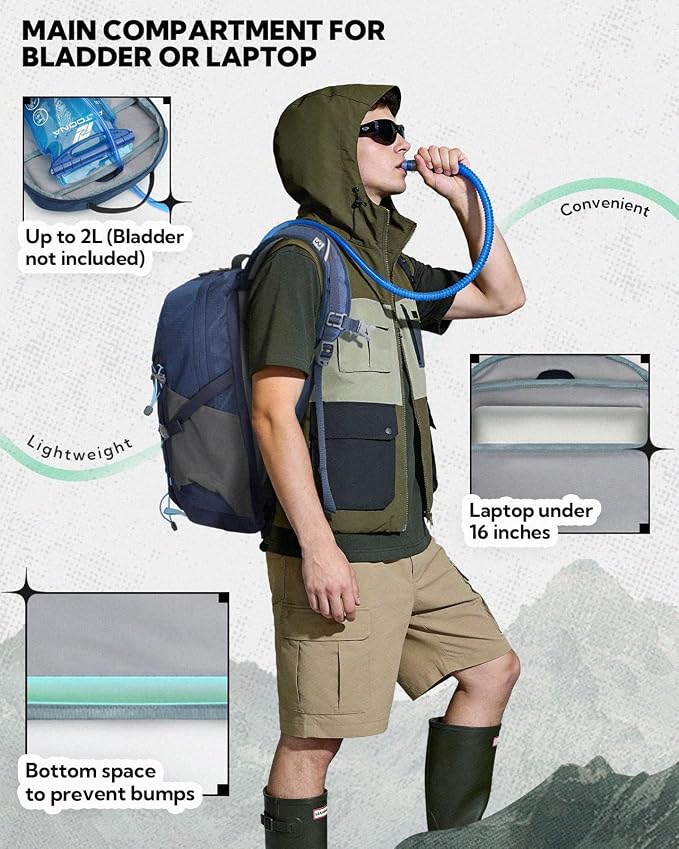 WATERFLY Small Lightweight Hiking Backpack: 20L Daypack for Women Men, Multi-Pocket, Breathable Back Panel with Chest Waist Strap, Outdoor Bag Pack for Travel Trekking Camping