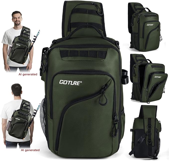 Goture Green Tactical Sling Fishing Bag with Trays, Heavy Duty 1680D Fishing Backpack for Hiking Camping, Adjustable Shoulder Strap with Rod Holder & Tool Pockets, Tackle Box Organizer Bag