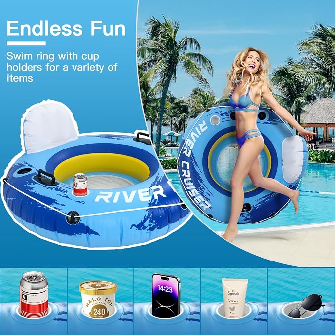 River Tubes for Floating Heavy Duty Inflatable Floating Lounger Premium River Water Rafts Pool Float with Cup Holder Above Lake for Adults