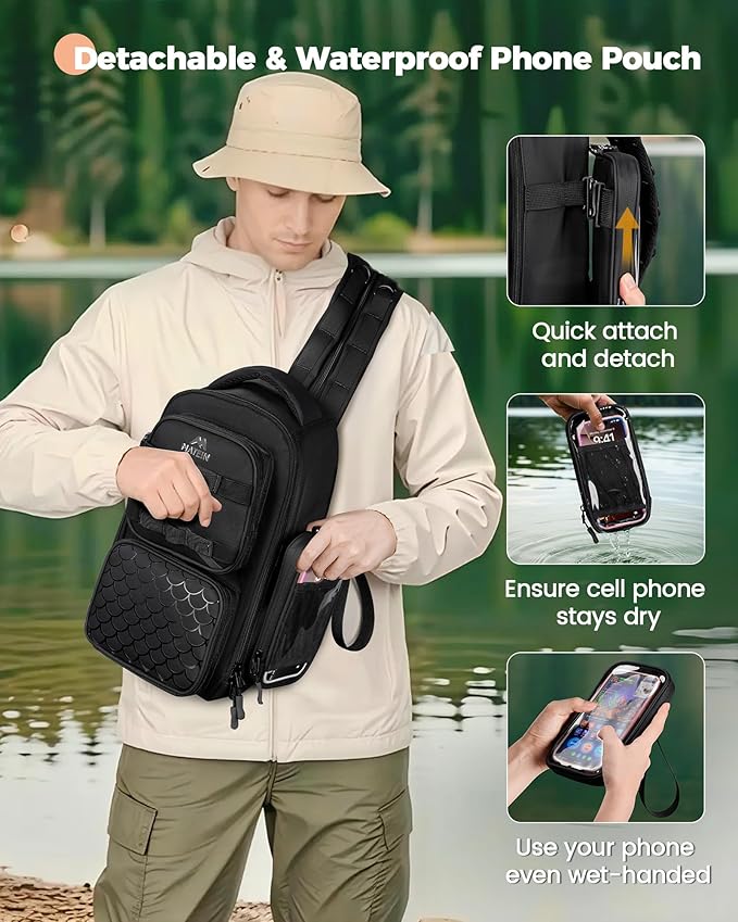 MATEIN Fishing Sling Bag with Lure Rod Holder & Phone Pouch, Waterproof 3600 Tackle Box Backpack with Removable Bait Binder