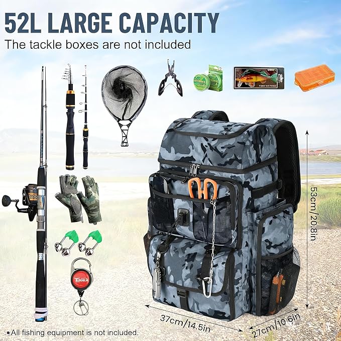 VJI Fishing Tackle Backpack with Rod Holder, Large Tactical Backpack, Fishing Gear Tackle Box Tactical Backpack, Water Resistant Sport Bag and Equipment
