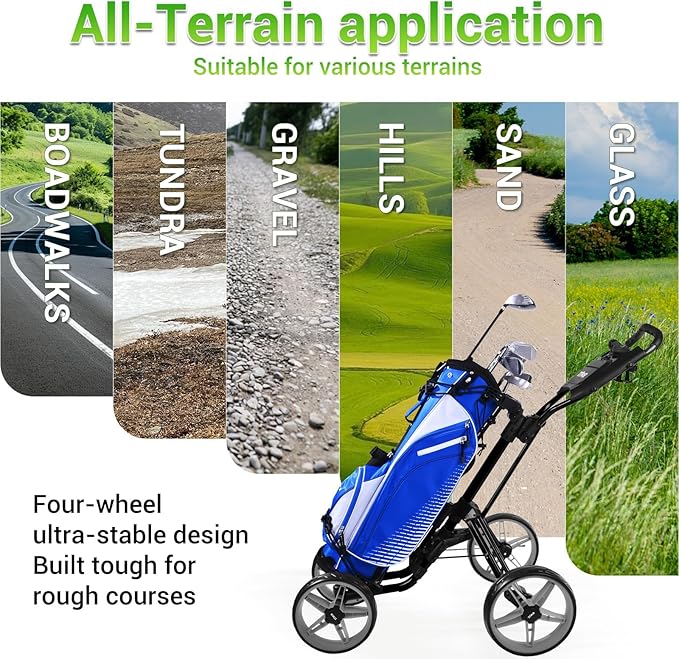 Tivor Lightweight Golf Push cart 4 Wheel Foldable Golf Trolley for Adults and Junior with Ergonomic Adjustable Handle, Scorecard Holder, Umbrella Mount, Foot Brake, All-Terrain Wheels