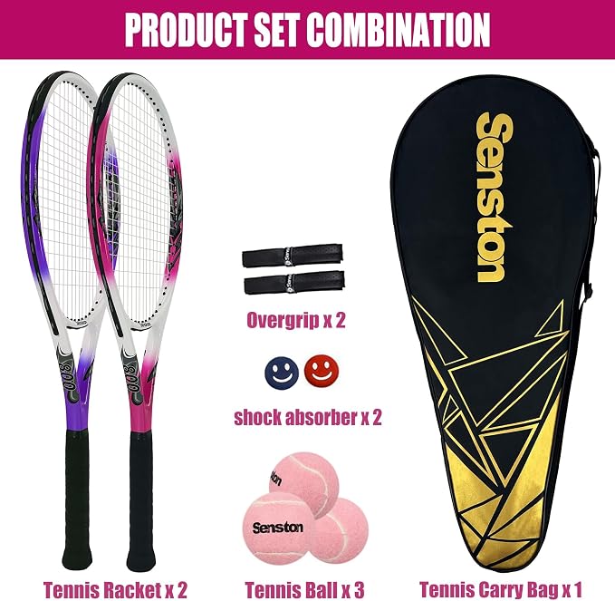 Senston Tennis Rackets for Adults 27 inch Tennis Racquets - 2 Player Tennis Racket Set with 3balls,2 Grips, 2 Vibration Dampers