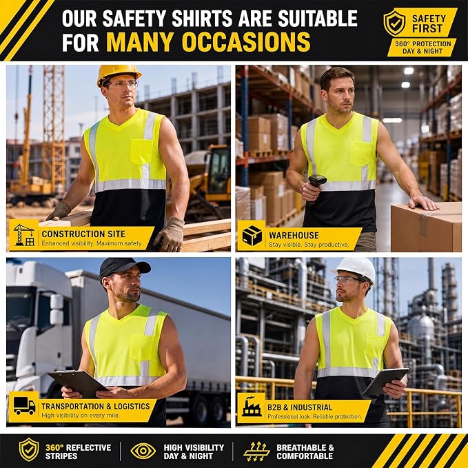 Amylove 4 Pcs Hi Vis Sleeveless Reflective Shirt for Men Class 2 Construction Work Shirts with Pockets for Men Women